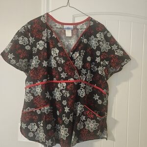 SB Scrubs Black and Red Floral Blouse Size XL